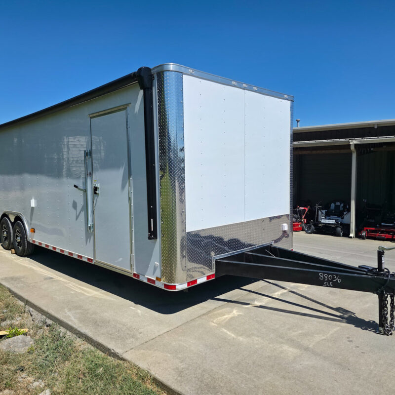 8.5x28 Flat Nose White Enclosed Trailer Roll Out Awning with AC Unit (2) 5,200LB Axles