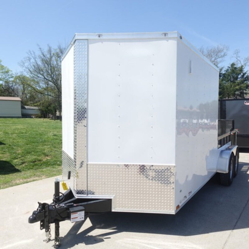 7x18 White Hybrid Enclosed V Nose (2) 7K Axles 2 Ft Fold Down Mesh Sides Pintle Hitch