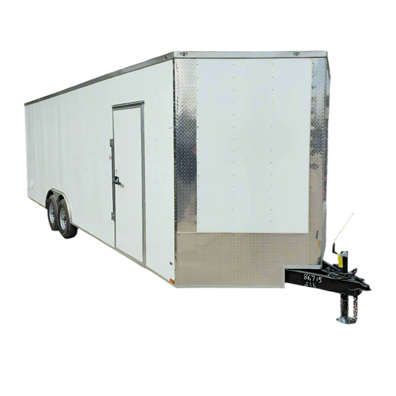 8.5x26 V-Nose White Enclosed Trailer (2) 7K Axles 50 AMP Electrical Package & Cabinets