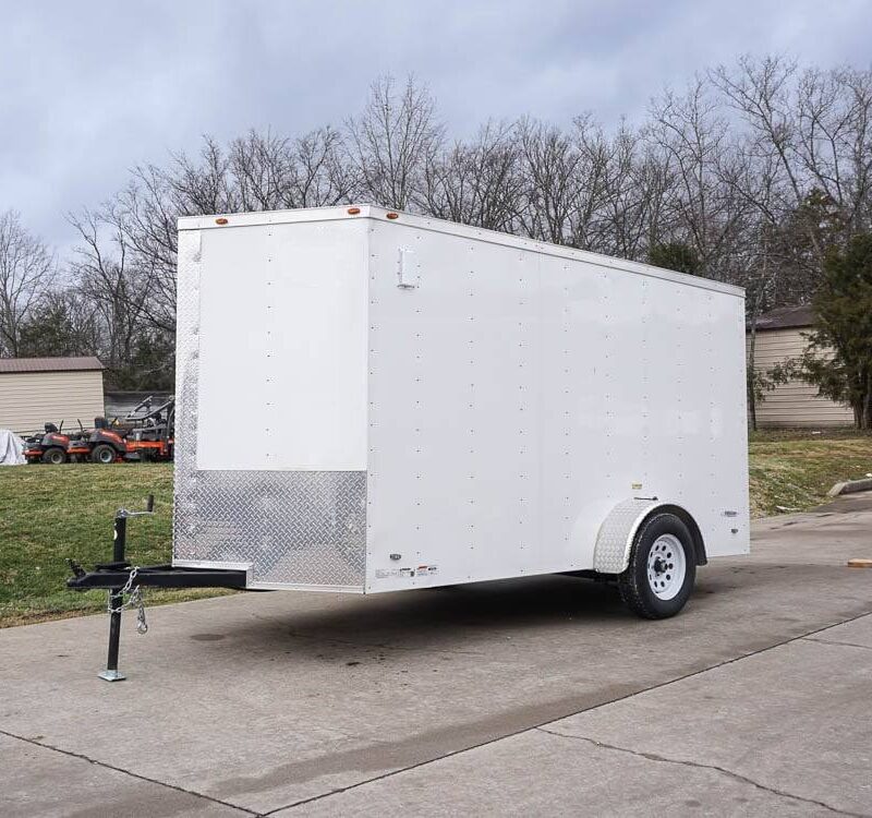 6' X 12' White Enclosed V-Nose Trailer with Diamond Plate Floor Storage