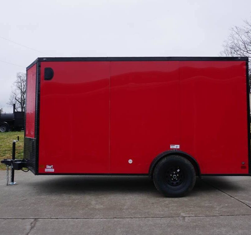 7x12 Enclosed Trailer Red V-Nose Blackout Package 3,500lb Axle Storage
