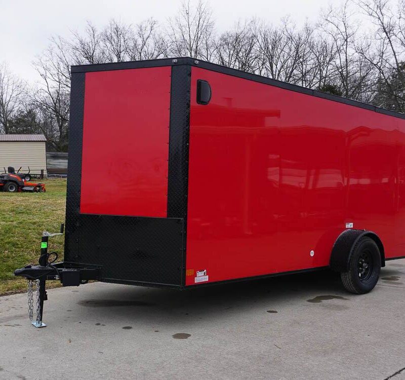 7x14 Enclosed Trailer Red V-Nose Blackout Package 3,500lb Axle Storage