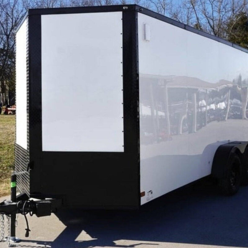 7x16 Enclosed Trailer White V-Nose Blackout Package Tandem Axle Storage