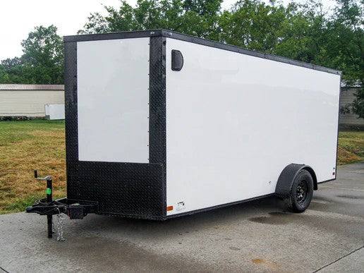 7x14 Enclosed Trailer White V-Nose Blackout Package 3,500lb Axle Storage